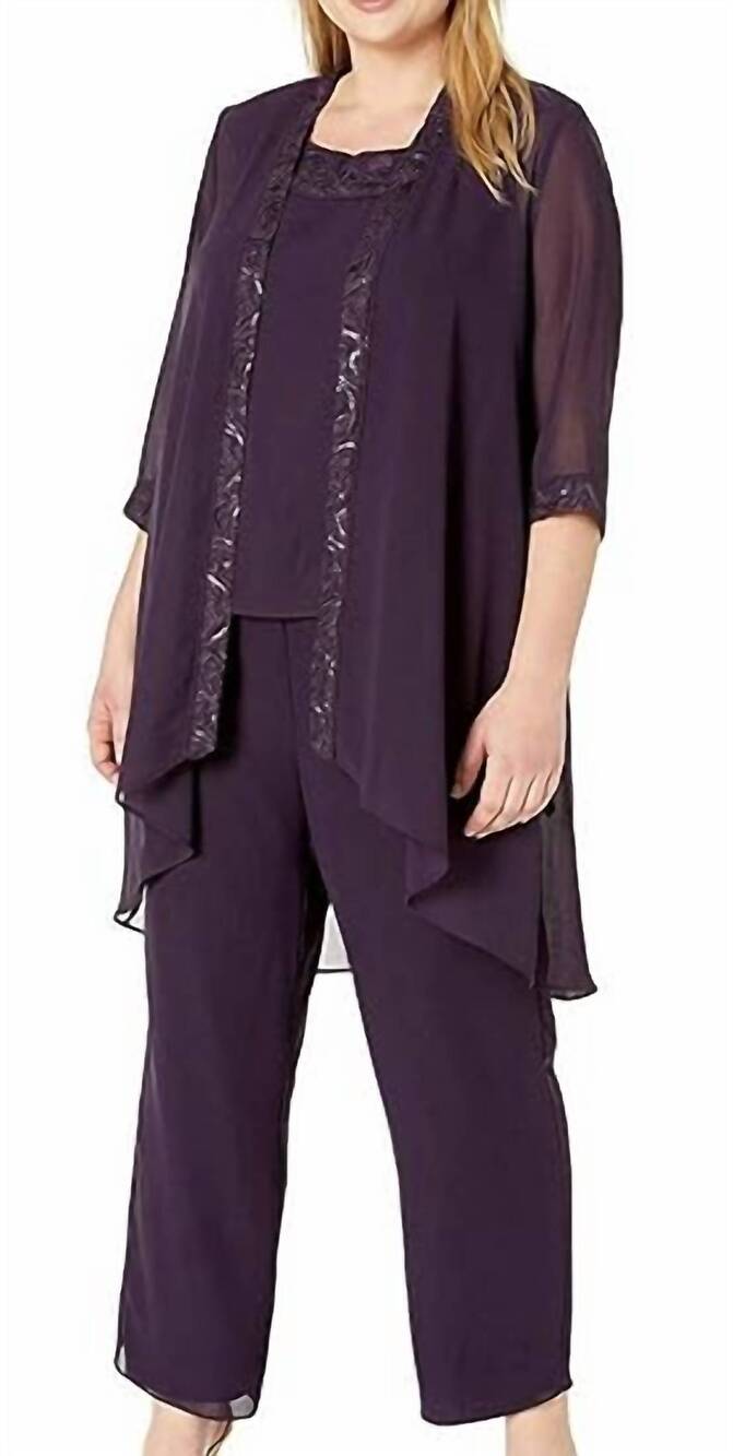 NEW LE BOS pleated charmeuse trim pant set in eggplant